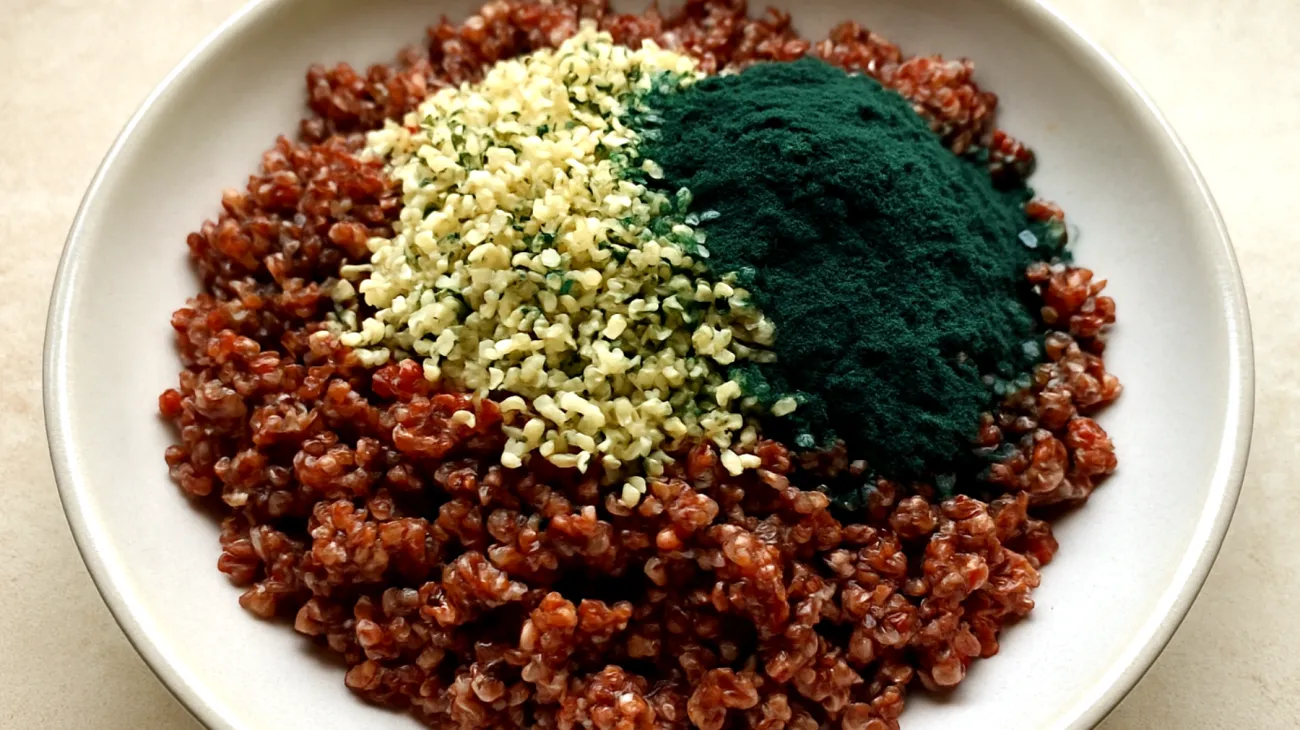 Insalata di quinoa rossa con semi di canapa e spirulina"