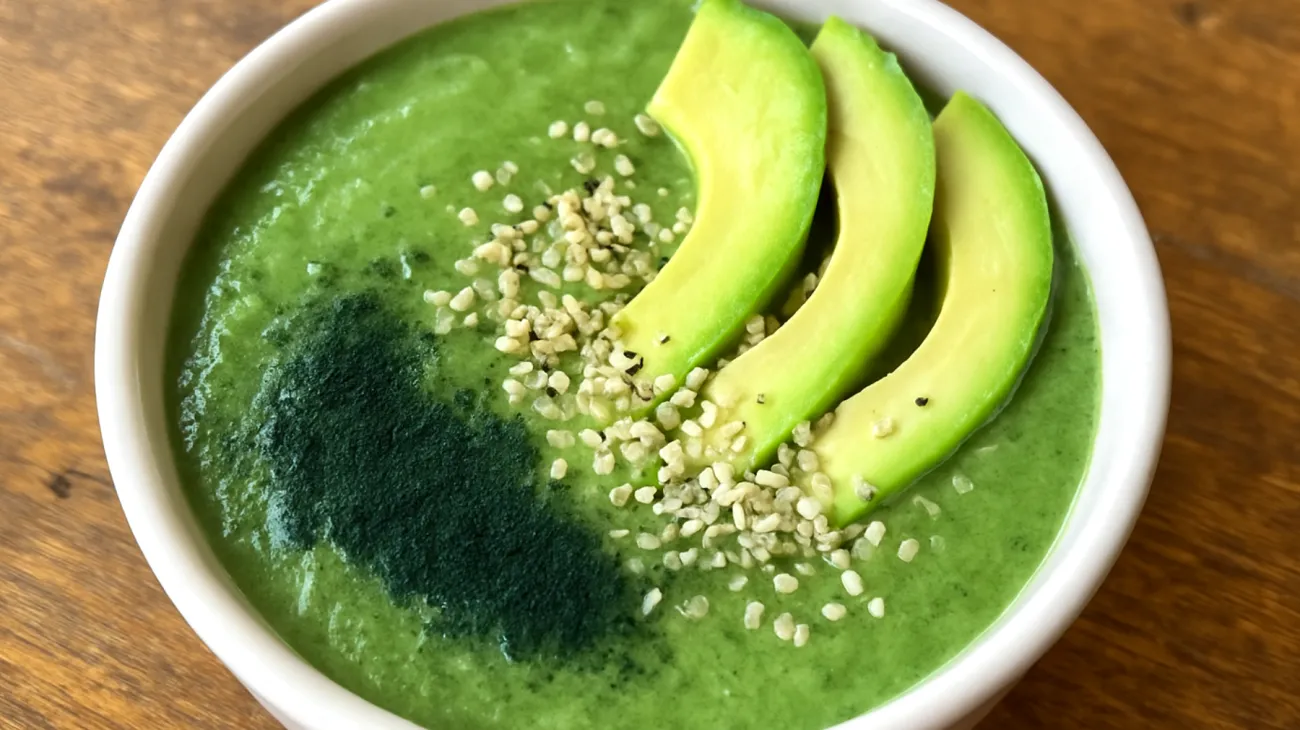 Smoothie bowl con avocado, spirulina e semi di canapa"