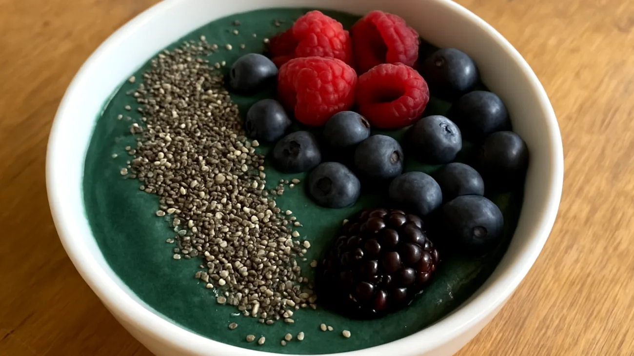 Smoothie bowl con spirulina, semi di chia e frutti di bosco"