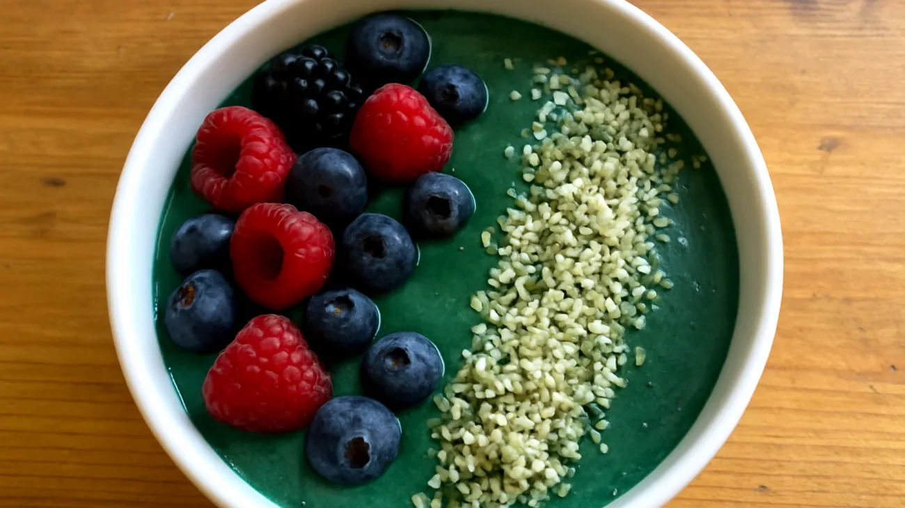 Smoothie bowl con spirulina, semi di canapa e frutti di bosco"